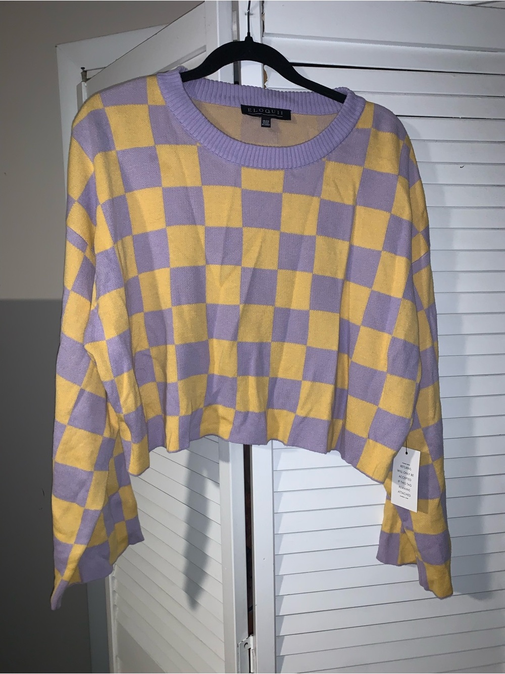 Eloquii Plus Size Women’s Purple & Yellow Check Print Cropped Sweater